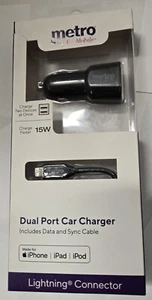 Metro By Tmobile Dual Port Car Charger w/Data and Sync Cable For IPHONE 4FT CABL - Picture 1 of 3