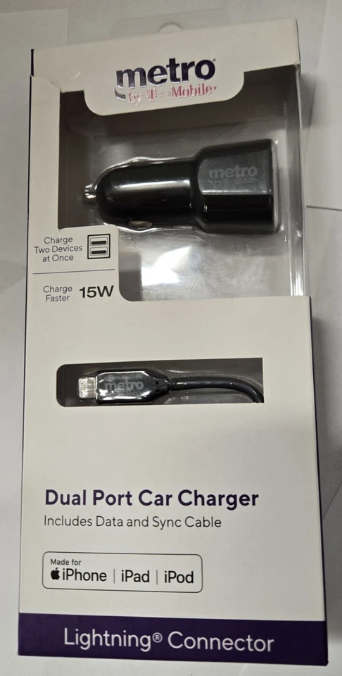 Cargador de coche Metro By Tmobile de doble puerto con cable de datos y sincronización para IPHONE CABLE DE 4 PIES Foto 1 de 3