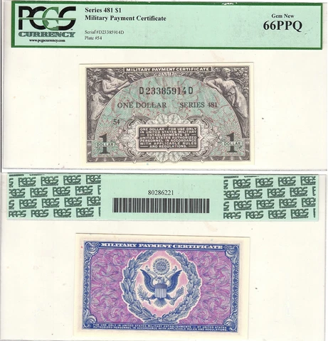 Military Payment Certificate Series 481 $1 Europe/Korea Era PCGS Gem 66 PPQ Cover