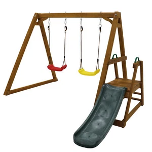 Doppelschaukel Kinderschaukel Schaukelgerüst Schaukelgestell Holz mit Rutsche - Bild 1 von 24