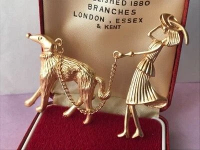 Art Deco Style Gold Tone Lady & Afghan Hound Dog Brooch Shawl Pin - Image 1 of 4