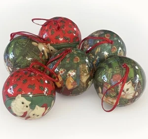 Vintage Lot Of 6 Cats Christmas Tree Paper Mache Decoupage Ornaments 3 Inch - Picture 1 of 6