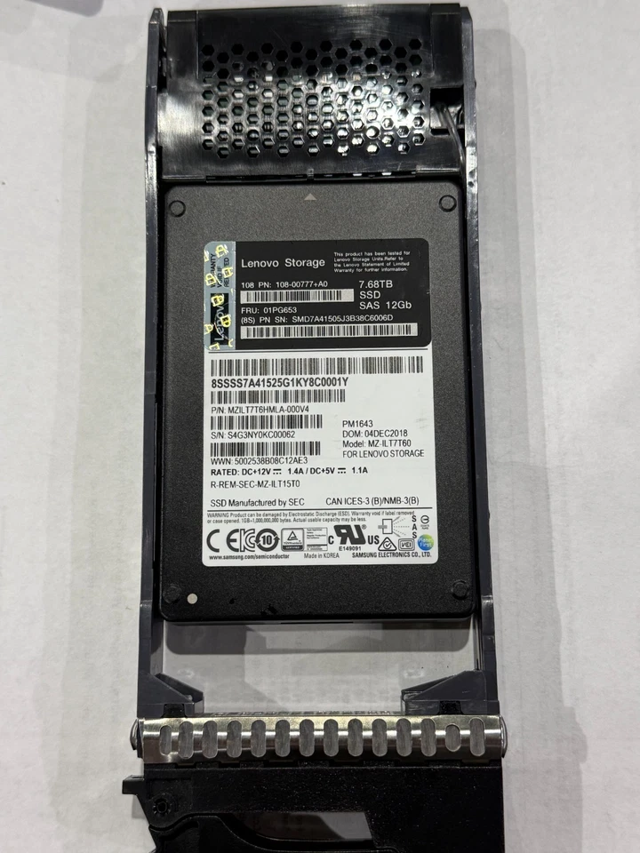4XB7A14176  01PG653 Lenovo ThinkSystem DE Series 7.68TB 1DWD 2.5" SSD 2U24 - Image 1 of 1
