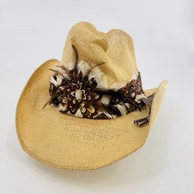 Sombrero de Vaquero de Paja Vintage 7 1/4 Hecho a Mano Pluma de Faisán Castor Hecho a Mano Occidental Foto 1 de 4