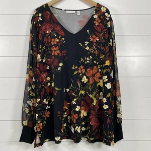 Susan Graver Blouse Womens 2X Floral LongSleeve Sheer Cuff Rhinestone Top Travel - Picture 1 of 12