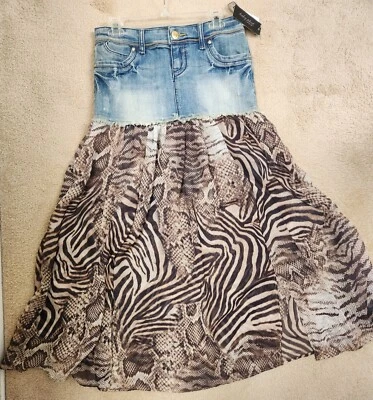 Rare Baby Phat Skirt Low Rise Denim Ruffles With Crystals And Slits Size 5 New - Image 1 of 4