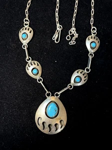 COLLAR NATIVO AMERICANO PLATA ESTERLINA VINTAGE PATA DE OSO TURQUESA NATURAL - Imagen 1 de 9