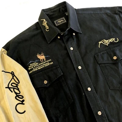 Camisa De Colección Años 90 Roper Hombres Negra Montañas Rocosas ELK LODGE Western BRUSHPOPPER L Foto 1 de 4