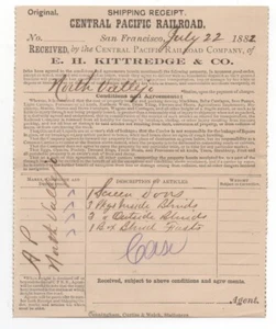 1882 Central Pacific Railroad Shipping Receipt from San Francisco to Vallejo CA - Imagen 1 de 1