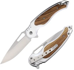 MTech Linerlock Assisted Folding Knife 3½" Stainless Blade Stainless/Wood Handle - Picture 1 of 3