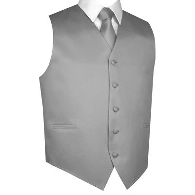 MEN'S PLATINUM SATIN TUXEDO VEST TIE & HANKIE SET Wedding Formal Prom Homecoming - Image 1 of 4