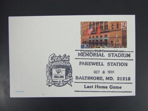Baltimore Orioles Memorial Stadium Last Home Game Postmark Cancel Postcard 1991 Cover