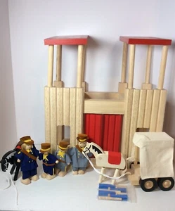 Solid Wood Blue Ribbon Large Fort, 2 Wood Horses,Wood Buggy 4 Wooden People,Flag - Picture 1 of 12