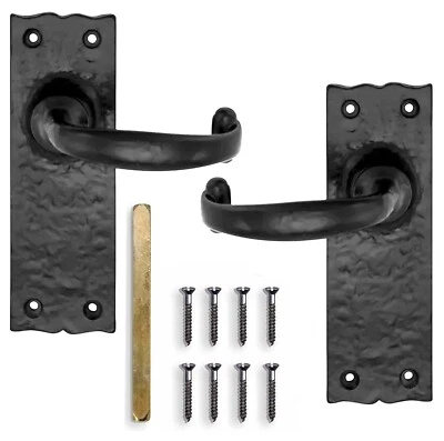 PAIR BLACK CAST IRON ANTIQUE DOOR HANDLES Lever Latch On Backplate Victorian (L) - Image 1 of 4