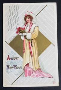 Feliz Año Nuevo R Ford Harper Postal P Sander c1910s Mujer Victoriana en Relieve - Imagen 1 de 2