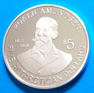 South Pole 5 dollars 2011 UNC Antarctica Penguin Roald Amundsen unusual coin - Picture 1 of 3