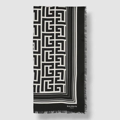 Bufanda con flecos con monograma de seda negra Balmain Paris para mujer Foto 1 de 4