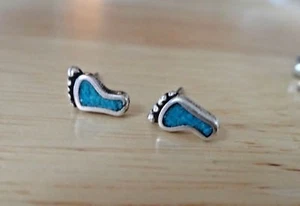 Sterling Silver TINY 8mm Blue Turquoise Chip Feet Foot Footprint Stud Earrings! - Picture 1 of 12