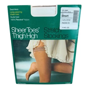 JCPenny Sheer Toes Thigh High Stretch Stockings Seamless White 80 Short VTG NOS - Picture 1 of 2