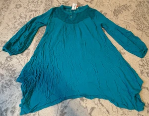 Camicia Umgee USA donna grande blu tunica asimmetrica bordo frange boho oversize - Foto 1 di 10