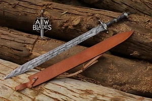 Handgeschmiedetes Damast Wikinger Schwert scharf kampfbereit Mittelalter Schwert mit Scheide - Bild 1 von 9