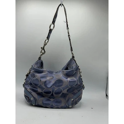 Coach Signature Pattern Hobo Shoulder Bag Blue Grey Canvas Leather Trim Y2K - Image 1 of 4
