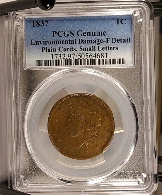 Centavo grande Liberty Head 1837 1C graduación profesional detalle F | cuerdas lisas letras pequeñas Foto 1 de 4