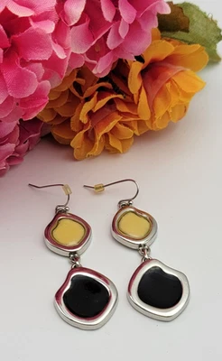 Lia Sophia Silver Tone Yellow And Black Enamel Drop Earrings 2" French Wire - Image 1 of 4