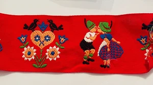 29" Indanthren Red Jacquard Embroidered Trim Hearts Kissing Dutch Birds Florals - Picture 1 of 4