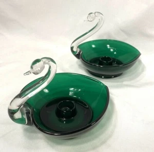set of 2 vintage depression glass clear & green swan candle holders - Picture 1 of 7