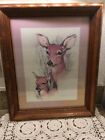 Paul Whitney Hunter Deer and Fawn Drawing In Frame 16 x 13