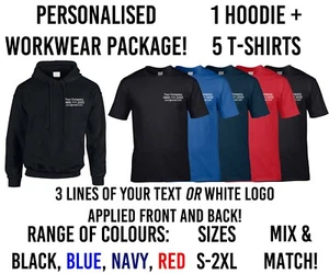 Personalised Work Wear Pack 5 T-Shirts 1 Hoodie Any Text White Logo Bundle - Picture 1 of 5