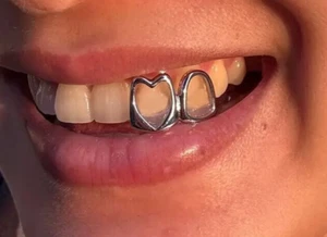 Custom Fit Silver Plated Mouth Teeth Double Open Face Heart Grillz Tooth Cap - Picture 1 of 5