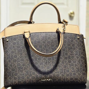 Calvin Klein Women's Brown Signature Logo Handbag Purse Satchel Bag - Picture 1 of 7