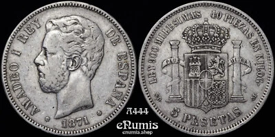 SPAIN, Amadeo I, 5 Pesetas 1871 SD-M, VF+ - Image 1 of 4
