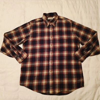 Vintage LL Bean Mens Flannel Shirt USA Button Down Plaid Blue Orange Medium EUC  - Image 1 of 4