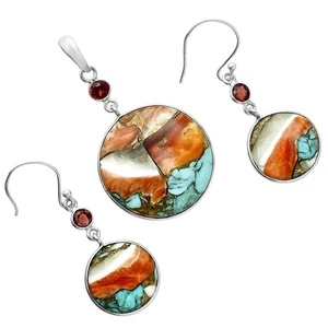 Premium Spiny Oyster Turquoise & Garnet 925 Silver Pendant Earrings Set T-1010 - Picture 1 of 5