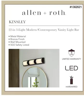 Allen + Roth #1362622 3 灯 LED 梳妆台青铜饰面白色拉丝玻璃 — 第 1/4 张图片