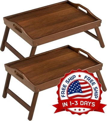 Sofá Bandeja Cama Plegable Con Asas Ranura Desayuno Comida Color Nuez 2 PIEZAS NUEVO. Foto 1 de 4