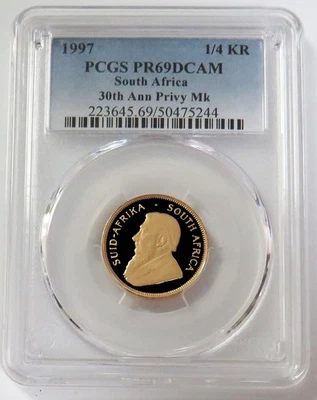 1997 GOLD 30 MINTED SOUTH AFRICA1/4 KRUGERRAND 30TH ANNIV PRIVY PCGS PR 69 DCAM - Image 1 of 2