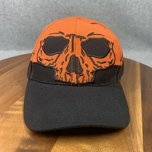 Skull Hat Cap Strap Back Men OS Orange Black Embroidered Graphic Goth Halloween - Picture 1 of 16