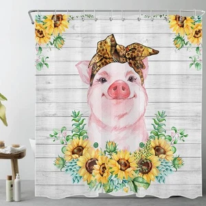 Farmhouse Pig Pink Shower Curtain with Hooks,Funny Farm Animal and Yellow Sun... - Picture 1 of 7