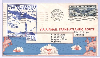 USA Air Mail ILLUSTRATED 1939 Cover *TRANSATLANTIC* FIRST FLIGHT (FAM-18) XA31 - Image 1 of 4
