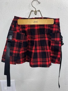 Hot Topic Red Black Plaid Zipper Mini Skirt w/ Cargo Strap Pocket Womens Size SM - Picture 1 of 6