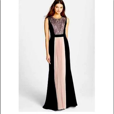 JS Collections Black Pink Lace Pleated Maxi Gown Formal Evening Dress - Image 1 of 4