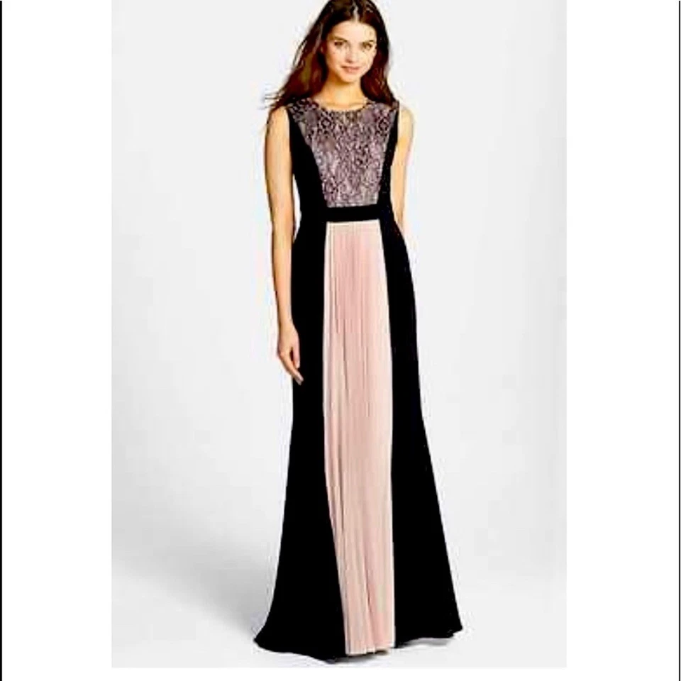 JS Collections Black Pink Lace Pleated Maxi Gown Formal Evening Dress - Image 1 of 4