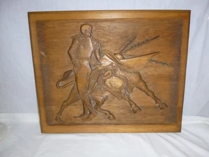 Vtg 60s Carved Wooden Wall Art by C. Koon Matador & Bull 22x18" NICE! - Picture 1 of 11