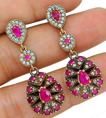 Ottoman Empire Style 6CT Treated Ruby 925 Solid Sterling Silver Earrings S3-2 - Image 1 of 2