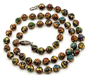 Chinese Cloisonné Floral Bead Hand Knot Circa 1930s Beaded Necklace 23 Inch - Picture 1 of 24
