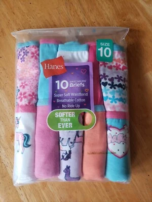 Hanes, 10 Pack Girls Tagless Briefs, Size 10. Unicorns, Flowers, And Solid. New, - Image 1 of 4